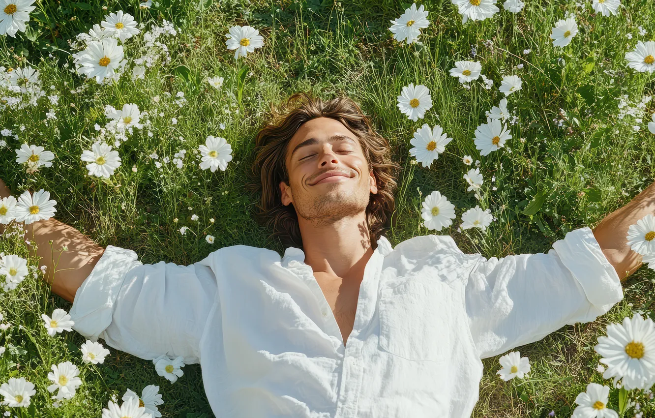 Photo wallpaper field, summer, grass, light, flowers, pose, smile, stay