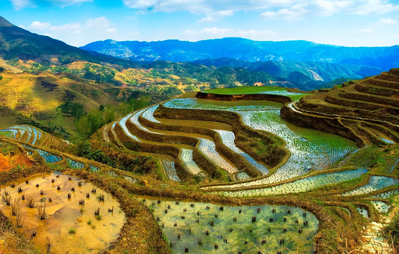 Photo wallpaper the sky, water, clouds, mountains, China, the garden