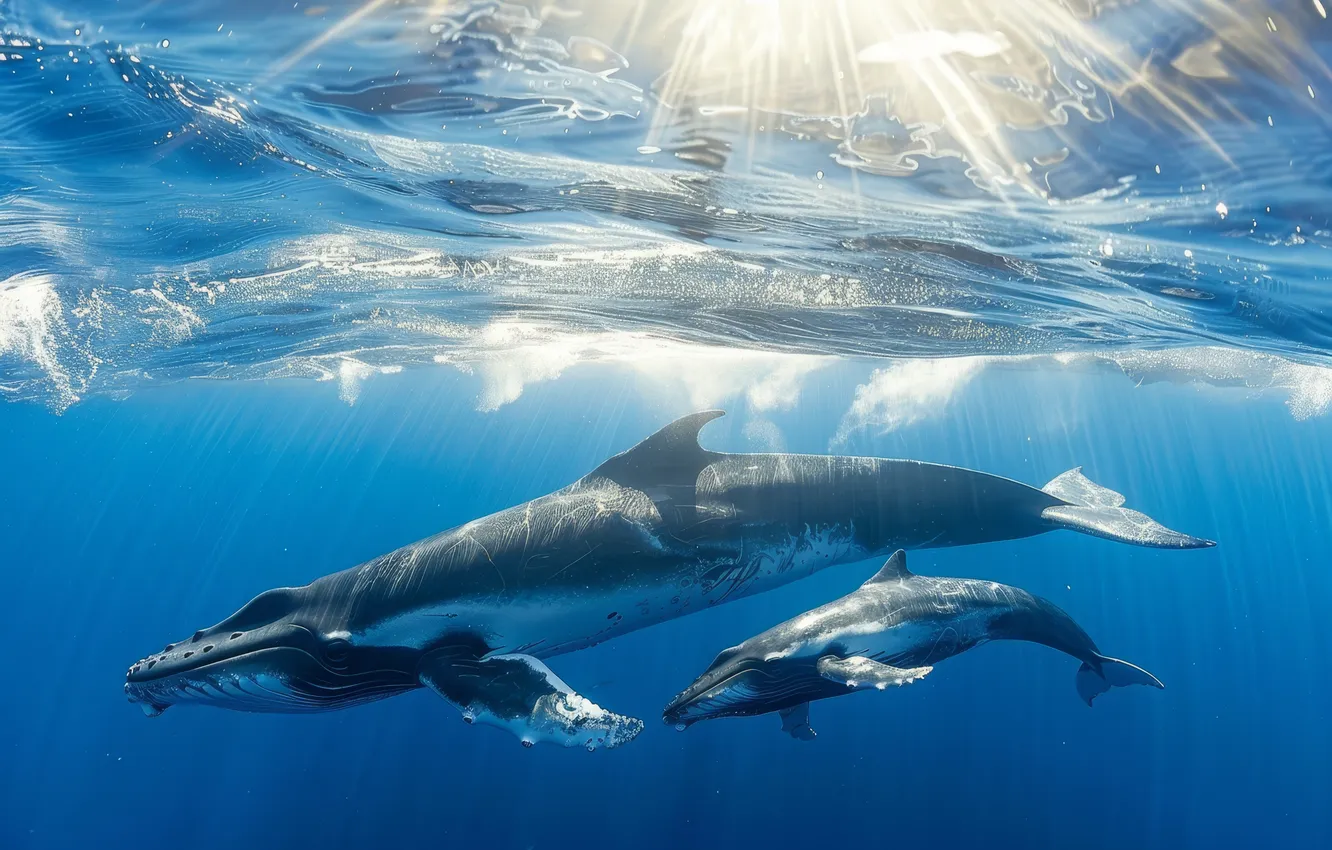 Photo wallpaper kit, cub, two, underwater world, the rays of the sun, digital art, AI art, The …