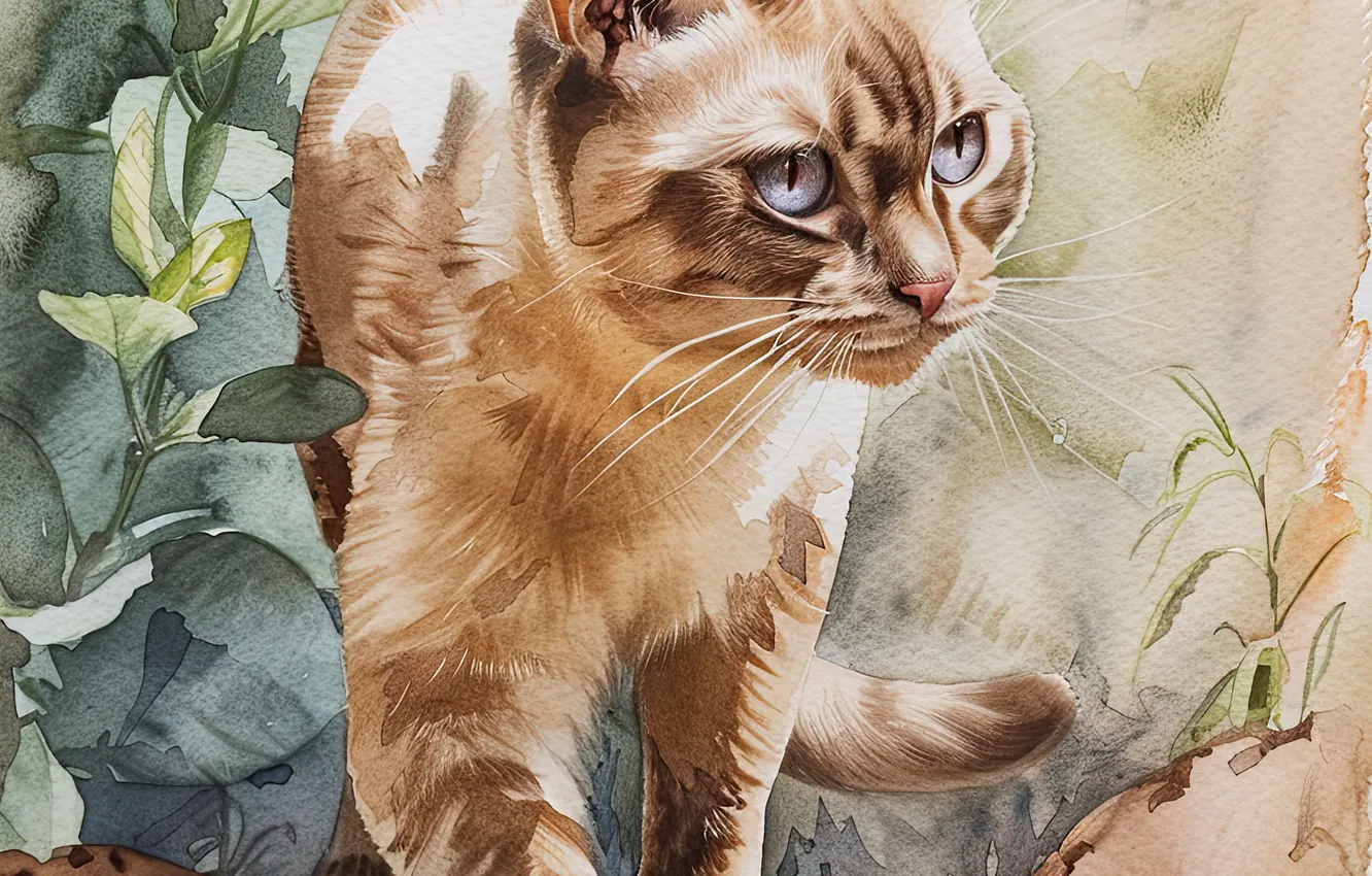 Photo wallpaper Grass, Cat, Mustache, Cat, Face, Art, Digital art, AI art