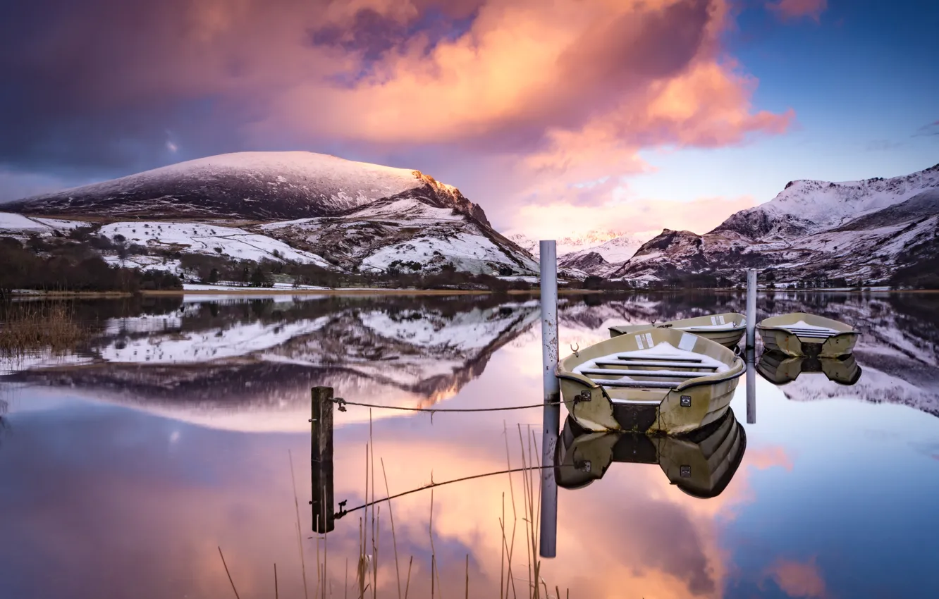 Photo wallpaper winter, mountains, reflection, boat, pond