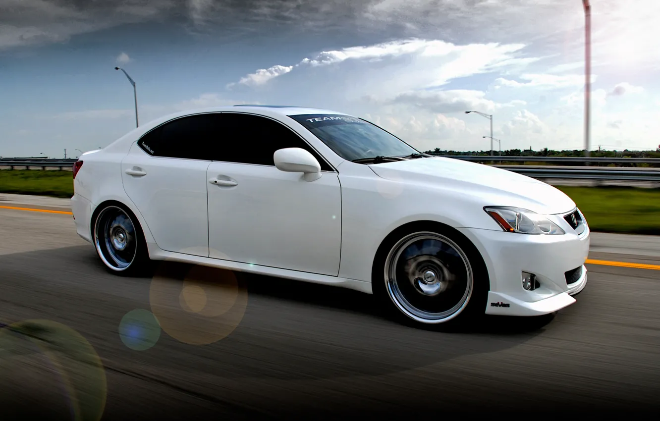 Photo wallpaper road, clouds, machine, Lexus, white, IS350, road, cars