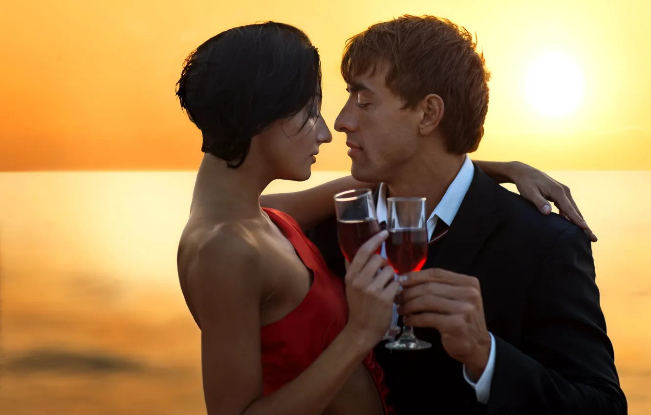 Photo wallpaper love, sunset, wine, glass, the evening, dress, brunette, horizon