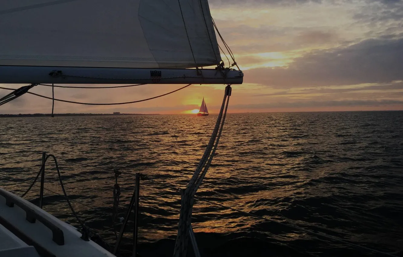 Photo wallpaper sea, the sun, sunset, coast, boat, the evening, sails