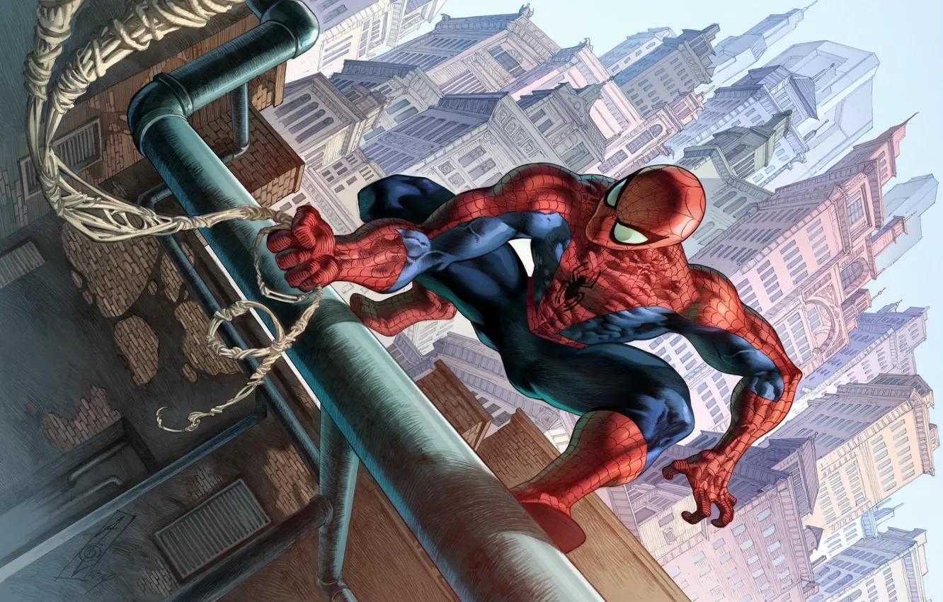 Photo wallpaper city, comics, spider man, web, building