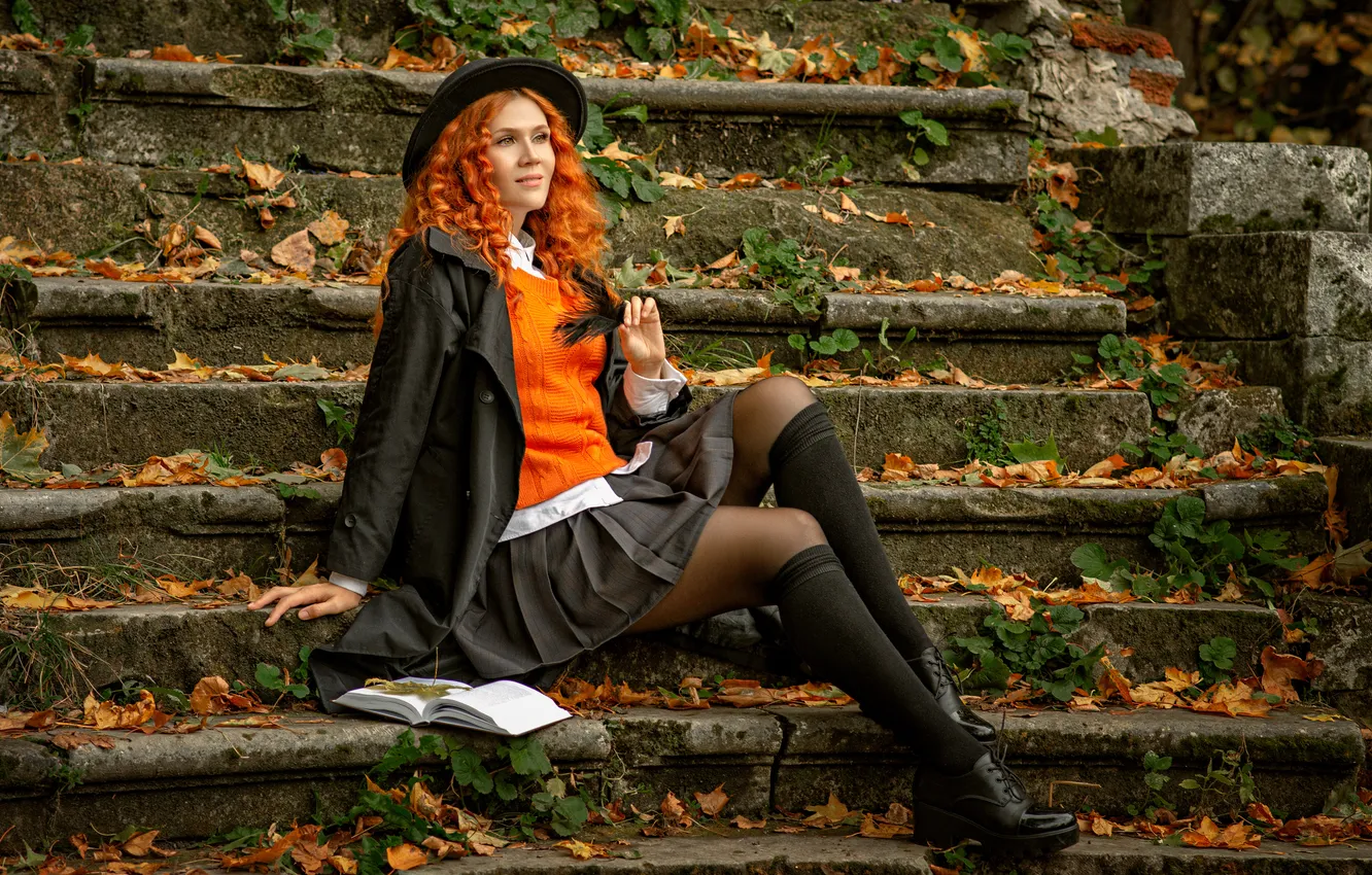 Photo wallpaper autumn, girl, pose, hat, ladder, stage, book, red