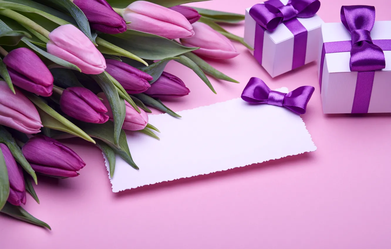 Photo wallpaper bouquet, tulips, love, bow, fresh, flowers, romantic, tulips