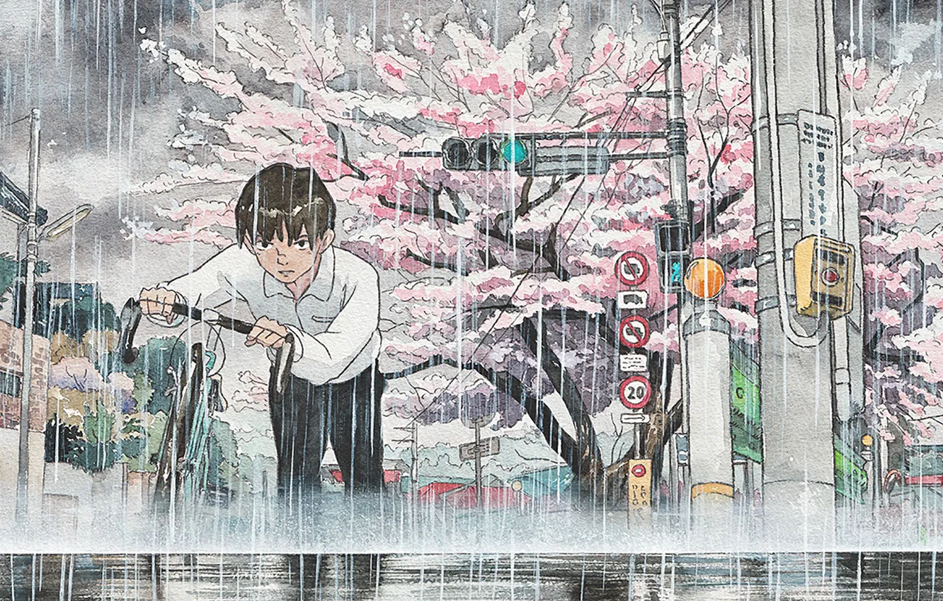 Photo wallpaper bike, the city, rain, Japan, watercolor