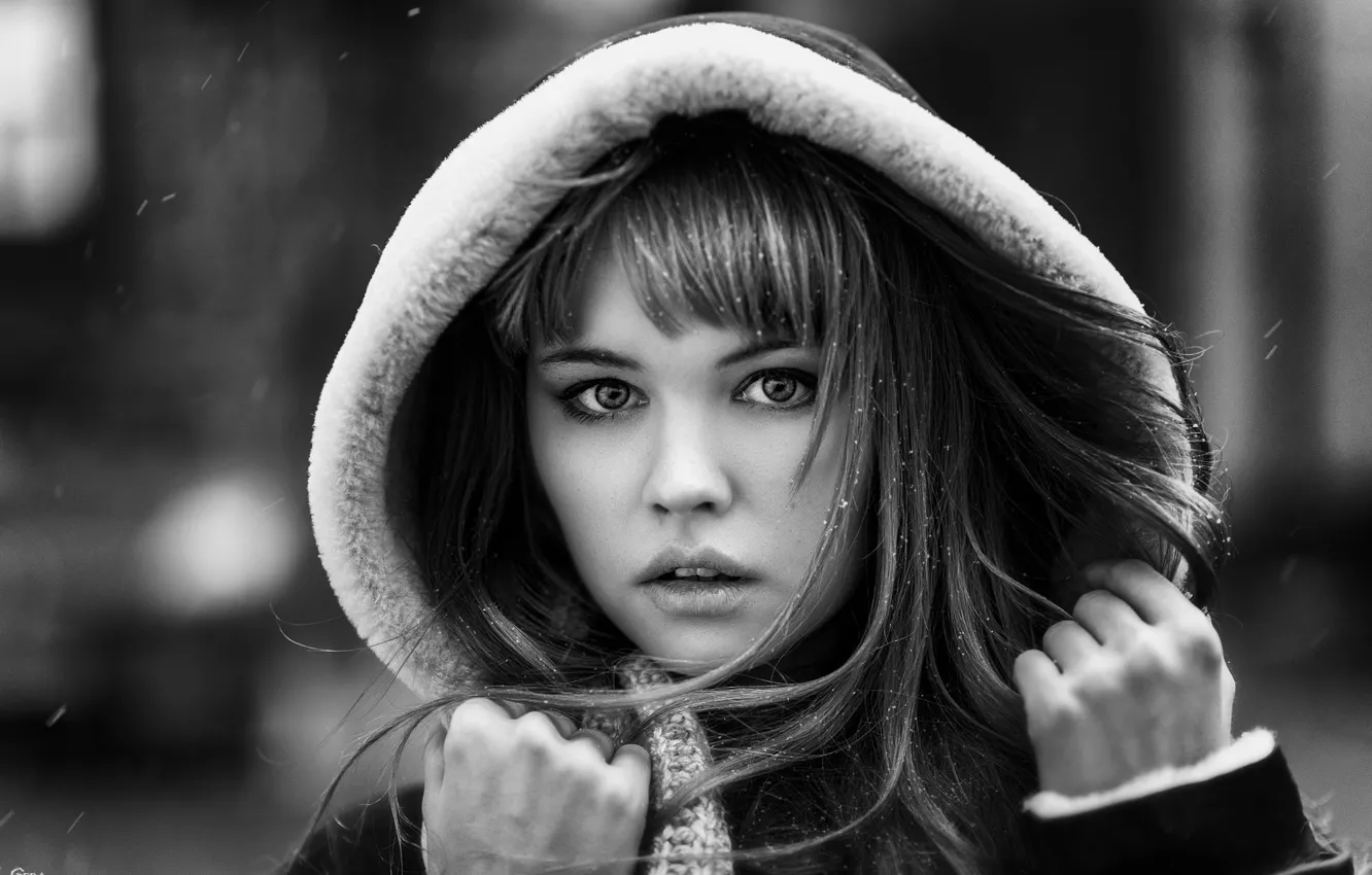 Photo wallpaper cold, winter, look, girl, snow, face, the wind, sweetheart