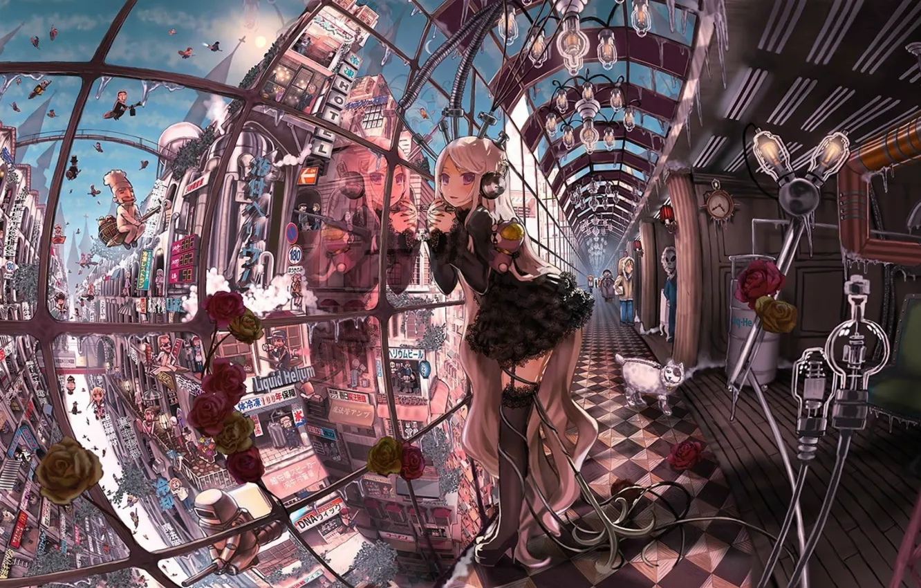 Photo wallpaper flowers, city, the city, street, lamp, home, roses, anime