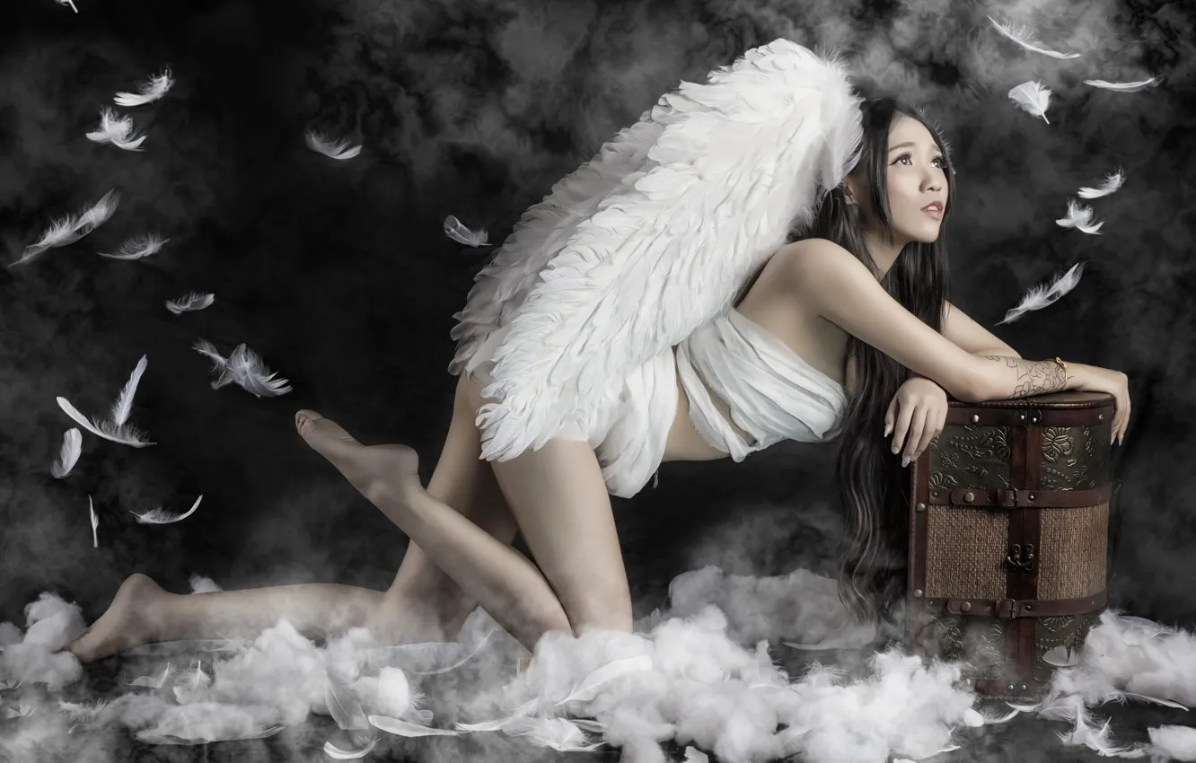 Photo wallpaper pose, wings, feathers, Asian, chest