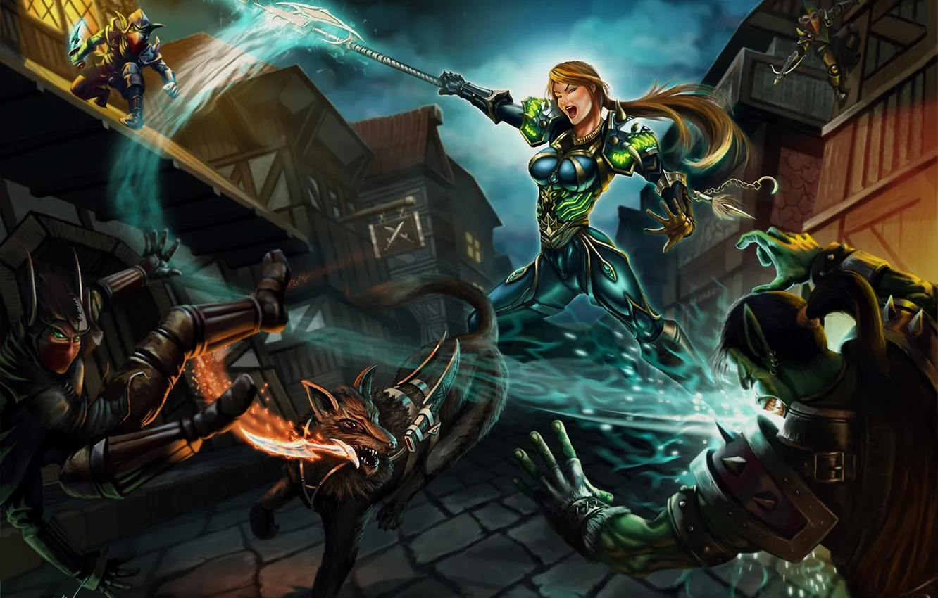 Photo wallpaper girl, night, the city, weapons, art, World of Warcraft, battle, Orc