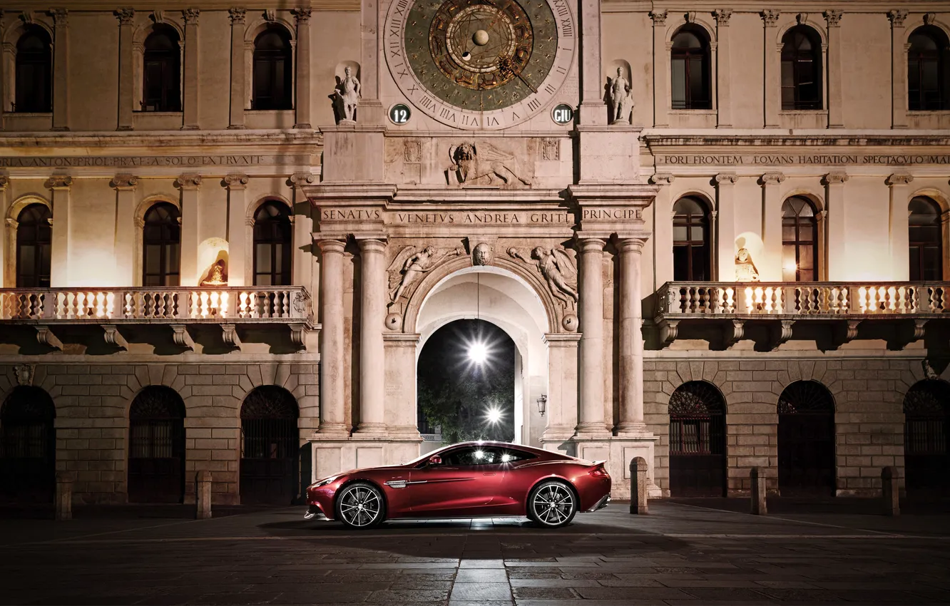 Photo wallpaper Aston Martin, Red, Night, The building, Car, Vanquish, The view from the side, AM310