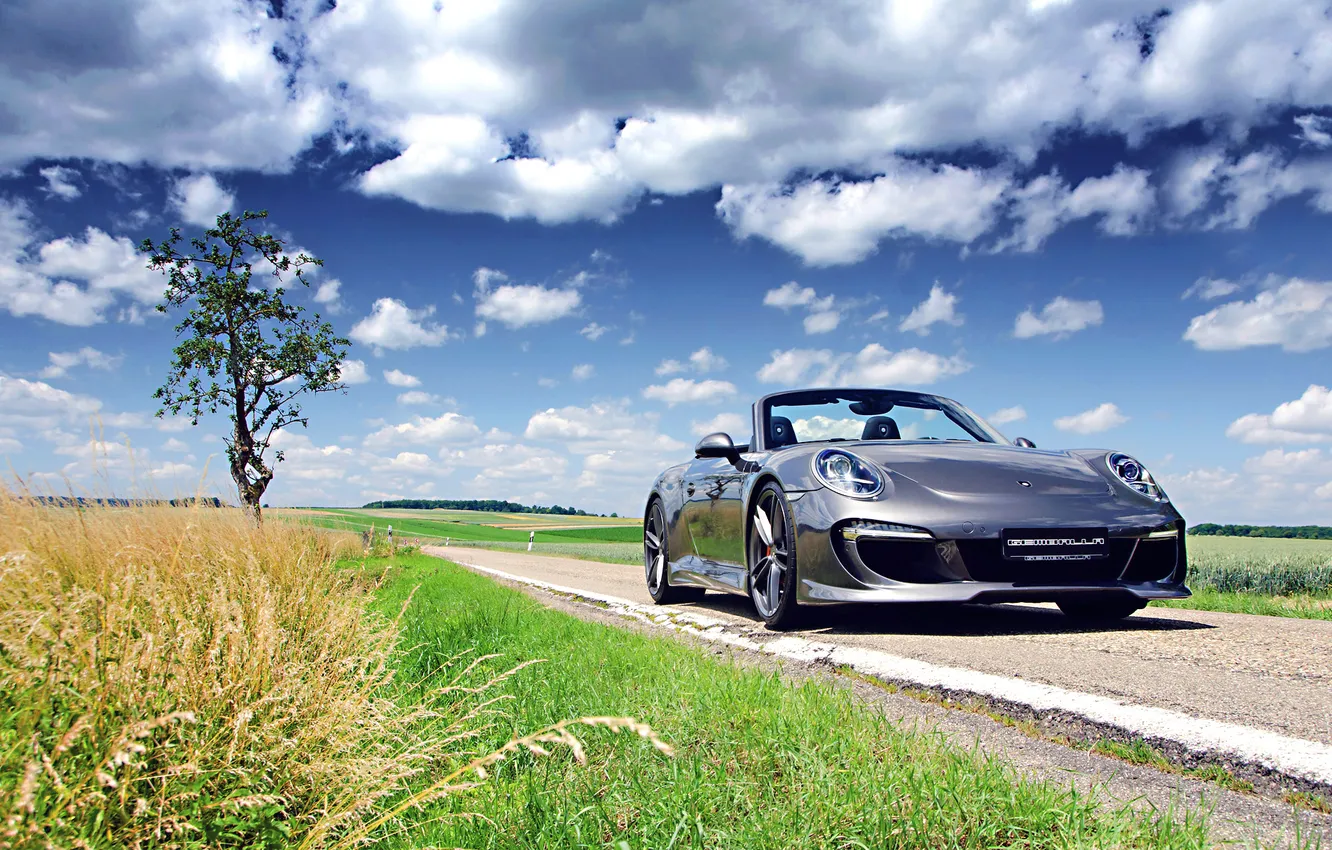 Photo wallpaper Porsche, grass, Gemballa, sky, tuning, Cabriolet, 991, Colouds