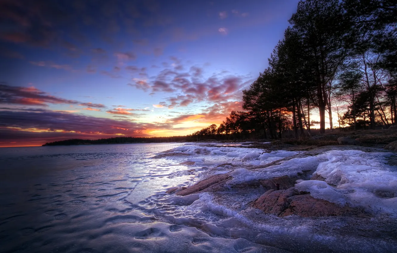 Photo wallpaper ice, trees, landscape, sunset, lake