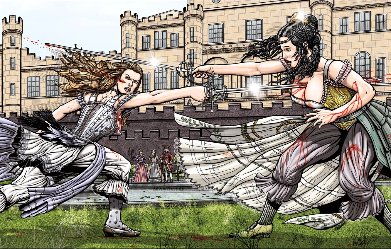 Photo wallpaper blood, crowd, blonde, Stiletto, tight clothing, duelists, death e, victorian clothes
