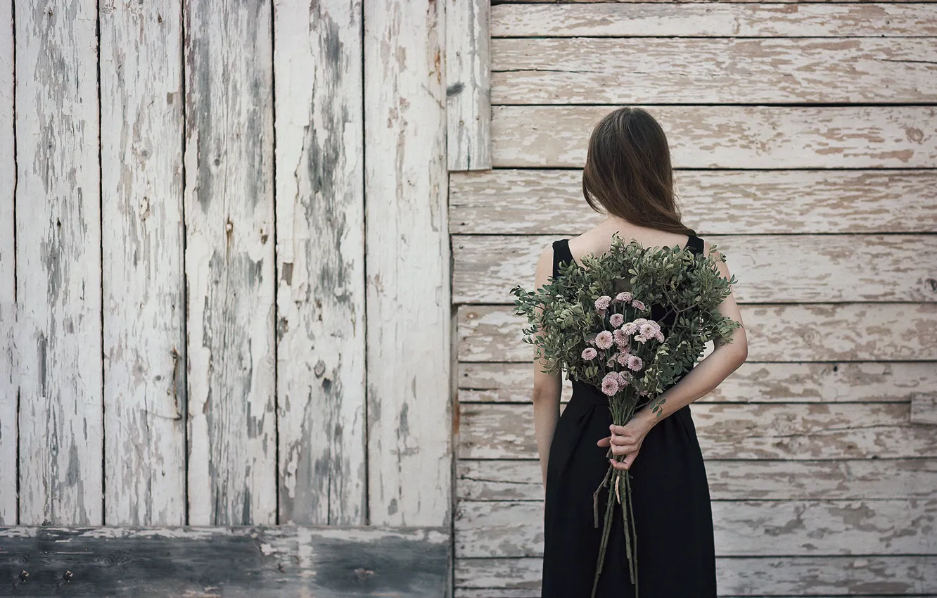 Photo wallpaper girl, flowers, wall