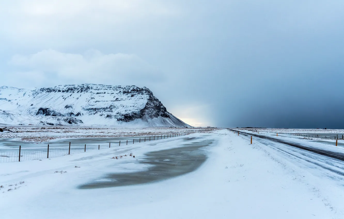 Photo wallpaper road, snow, mountain