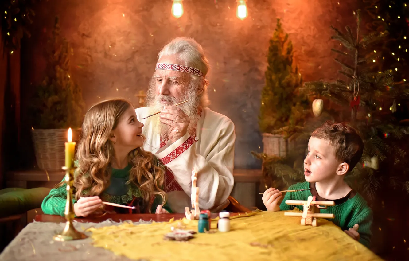 Photo wallpaper children, table, toy, candles, boy, ate, girl, grandfather