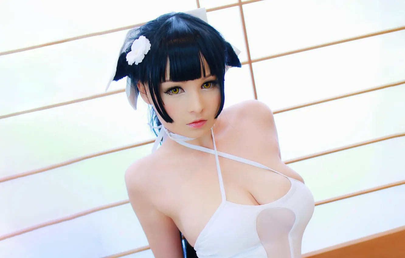 Photo wallpaper girl, boobs, beautiful, short hair, model, pretty, cosplay, breasts