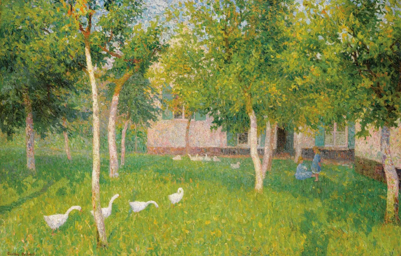 Photo wallpaper landscape, picture, Geese and Children in the Garden, Gustave de Smet, Gustave De Smet