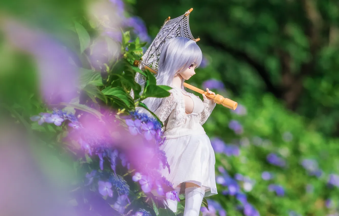 Photo wallpaper summer, flowers, umbrella, doll, hydrangea