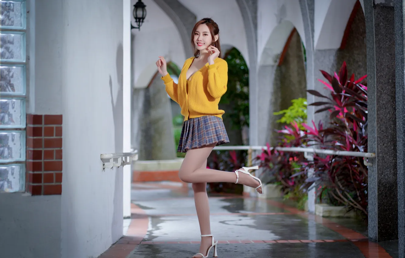 Photo wallpaper look, pose, model, plant, skirt, portrait, interior, makeup