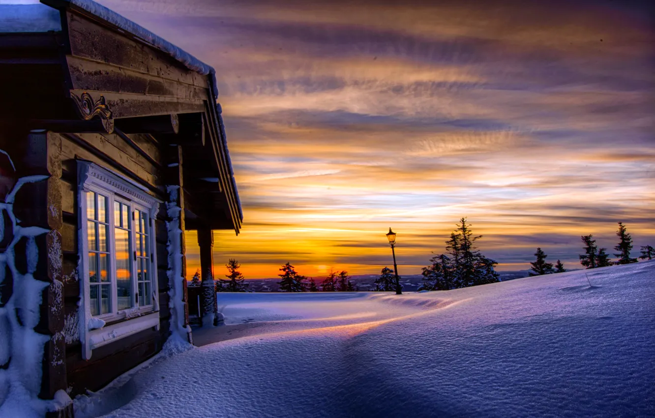 Photo wallpaper winter, the sky, clouds, snow, trees, sunset, nature, house