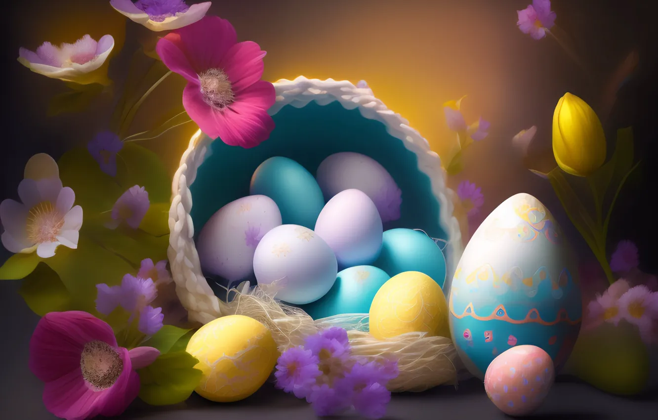 Photo wallpaper flowers, eggs, Easter, basket, colorful, eggs, neural network