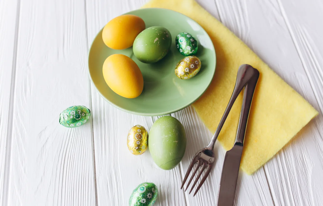 Photo wallpaper holiday, eggs, plate, Easter, Cutlery