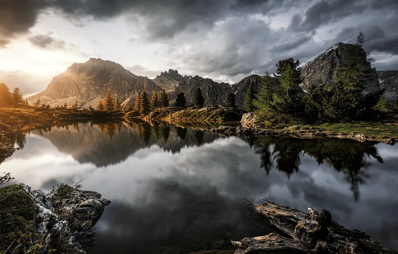 Photo wallpaper the sky, clouds, trees, mountains, nature, lake, rocks