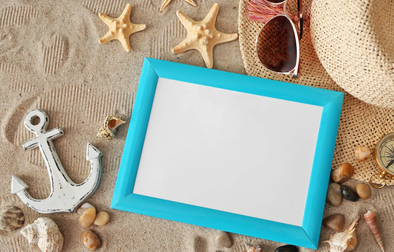 Photo wallpaper sand, sea, shell, starfish, sea, slates, frame, the difference