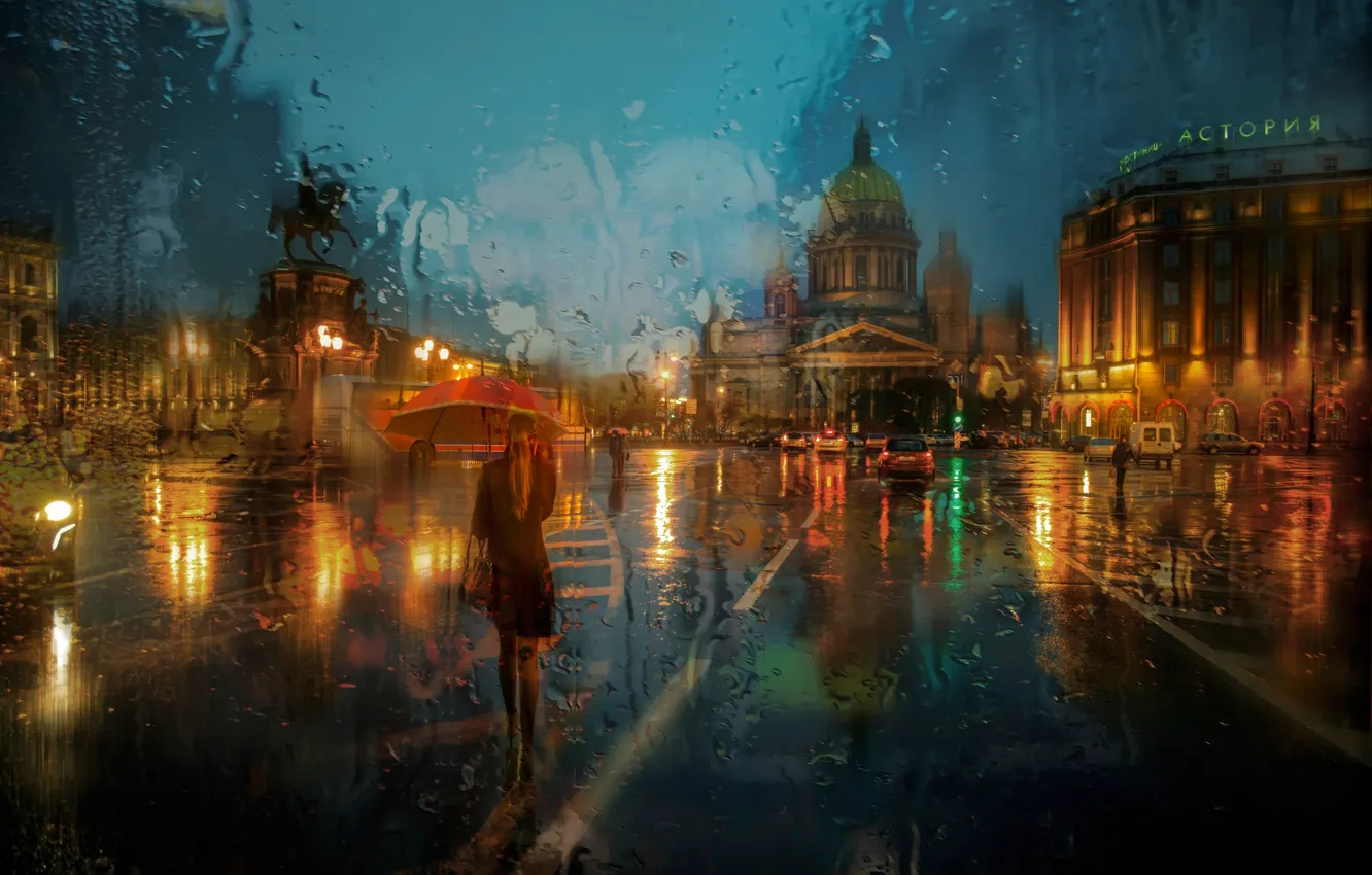Photo wallpaper girl, rain, umbrella, Peter, St Petersburg, St. Isaac's square