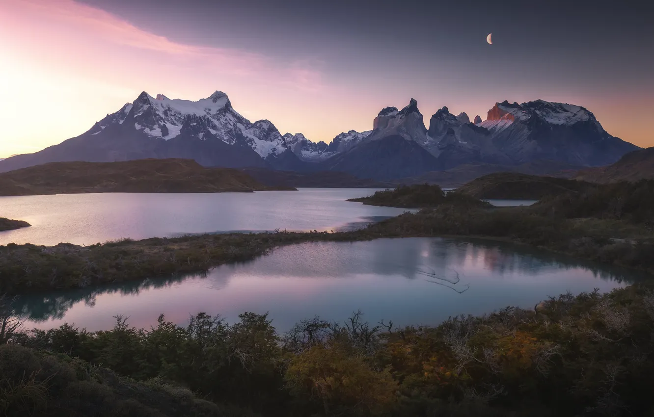 Photo wallpaper water, mountains, morning, Chile, national Park, Patagonia, Torres del Paine, Anna Politova
