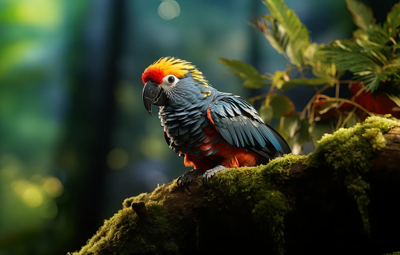 Photo wallpaper colorful, animals, parrot, art, leaves, birds, digital art, Blurred