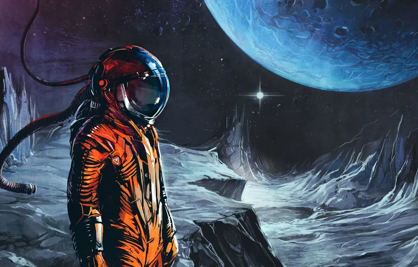Photo wallpaper orange, music, the moon, planet, astronaut, music, the suit, space