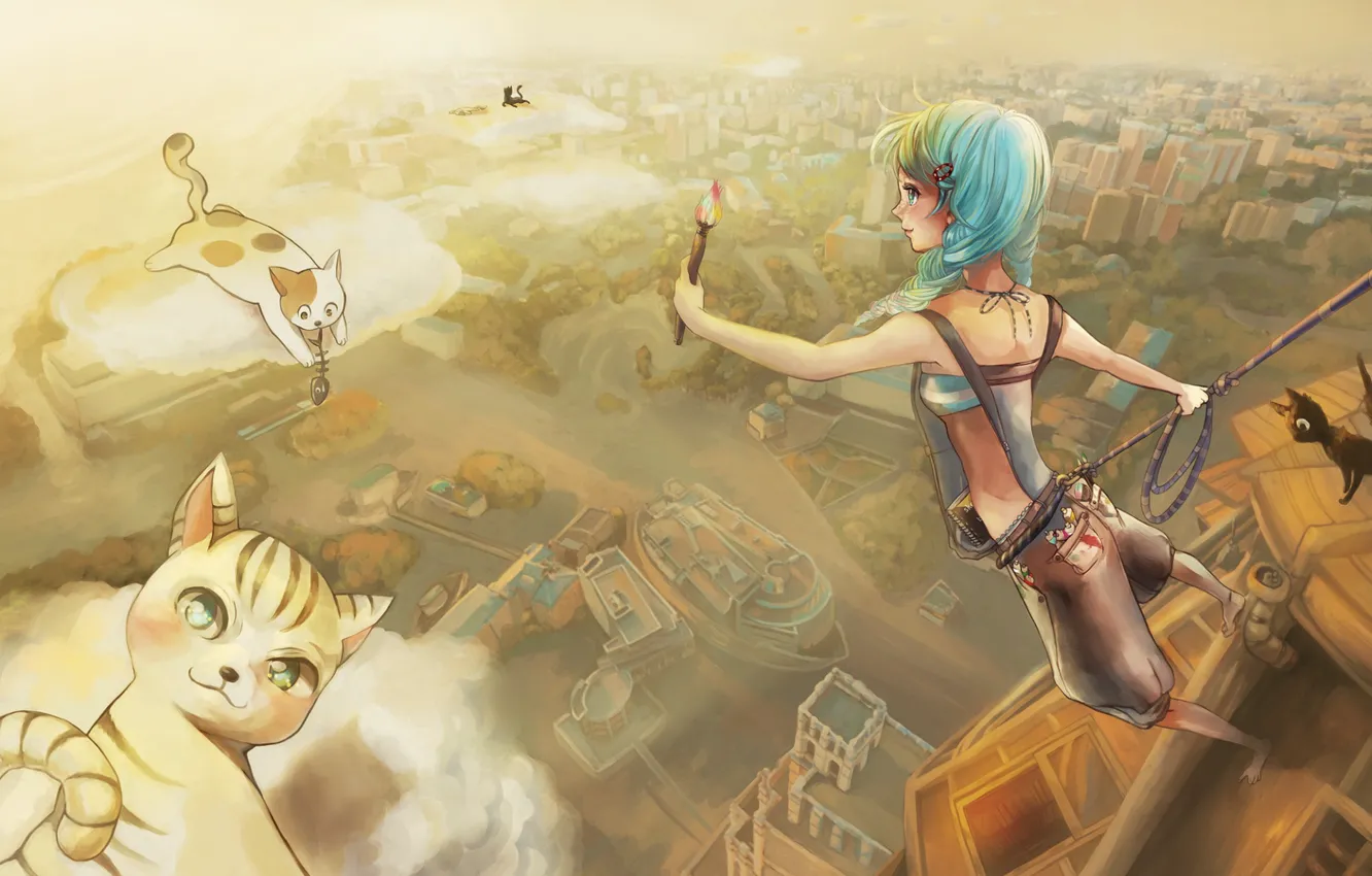 Photo wallpaper clouds, girl, kittens, brush, artist, blue hair, the view from the top, insurance