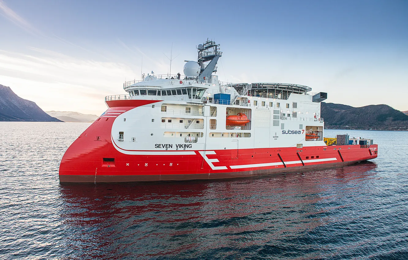 Photo wallpaper sea, the sky, mountains, ship, the fjord, supply, drilling