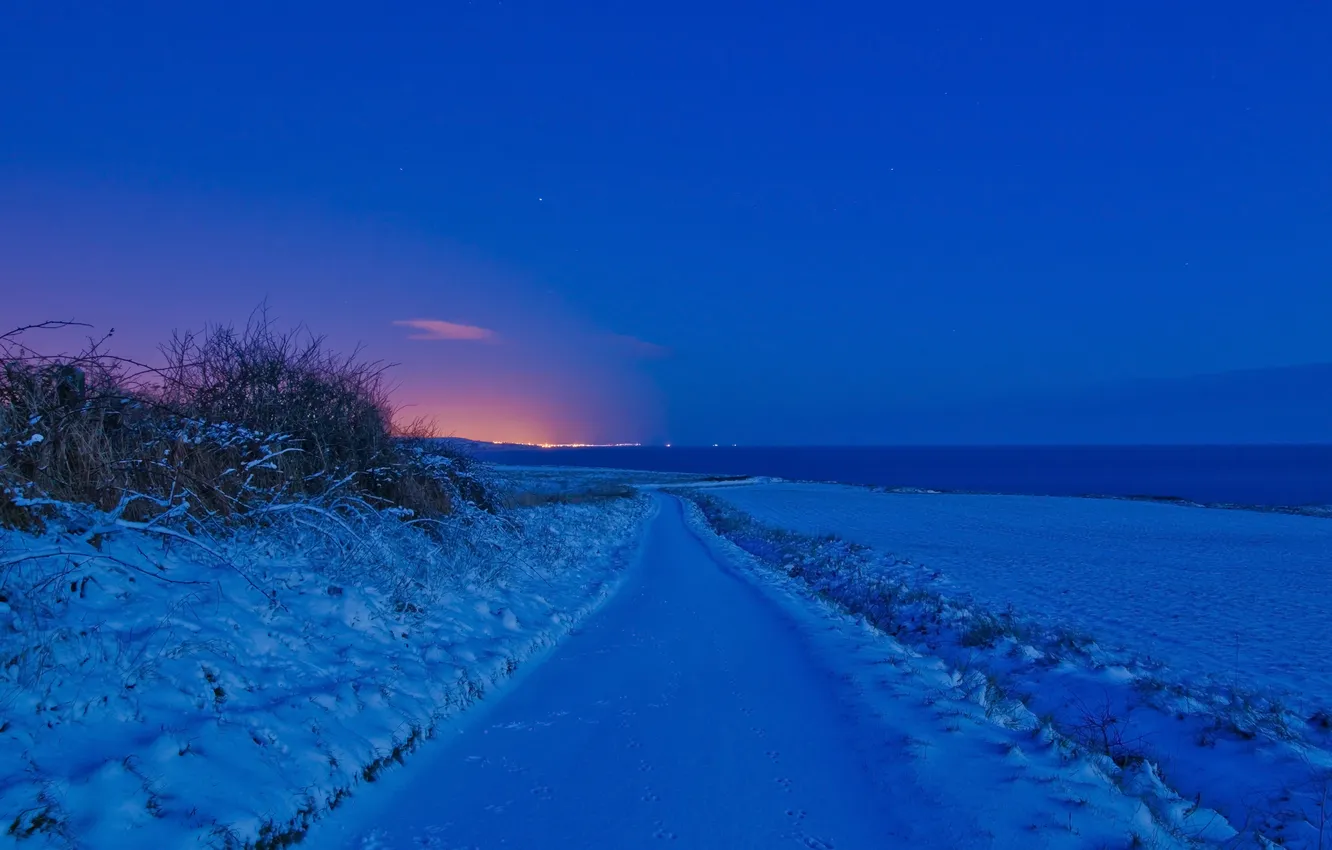 Photo wallpaper winter, road, the sky, snow, lights, the evening, glow
