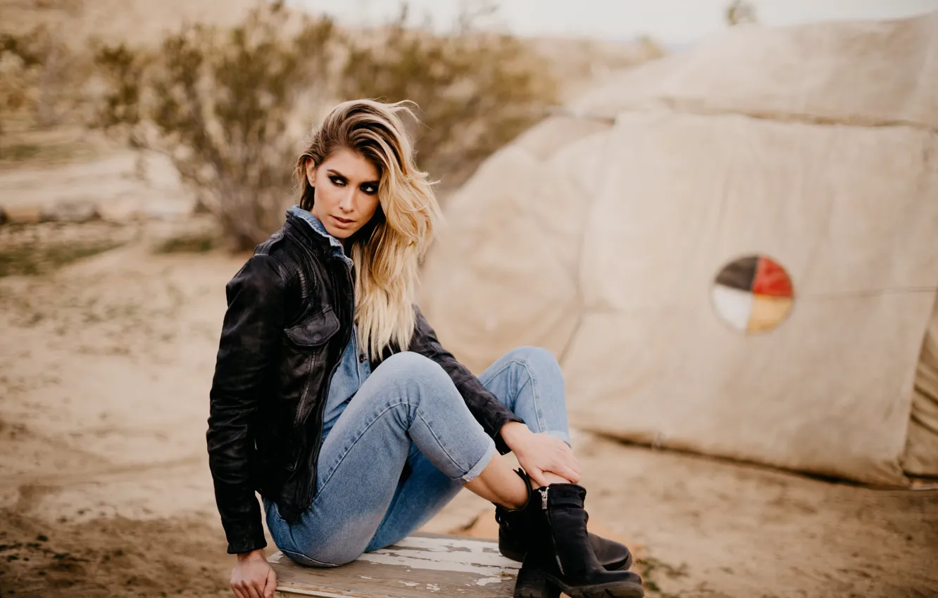 Photo wallpaper pose, jeans, jacket, blonde, sitting, Brianna Olenslager