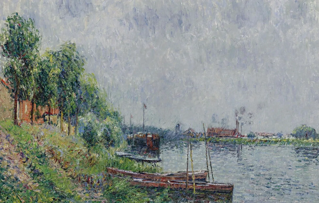 Photo wallpaper landscape, river, boat, picture, Gustave Loiseau, Gustave Loiseau, riverbank. Oise