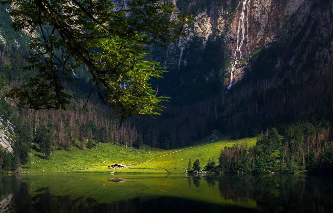 Photo wallpaper forest, mountains, lake, waterfall, Bayern, Pai shaka