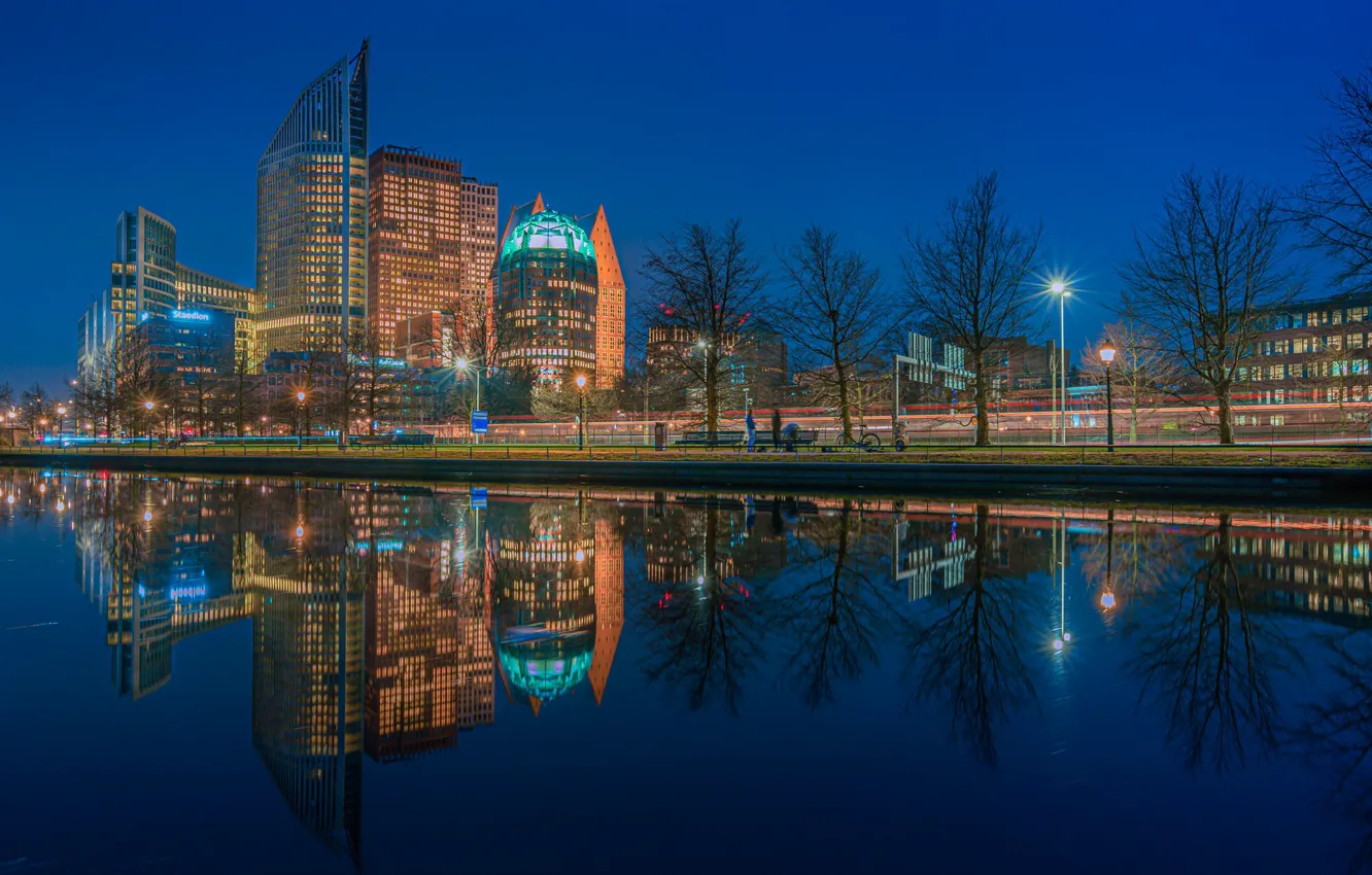 Photo wallpaper trees, reflection, building, channel, Netherlands, night city, promenade, skyscrapers