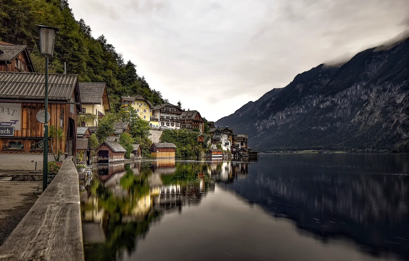Photo wallpaper mountains, lake, reflection, home, Austria, Alps, lantern, promenade