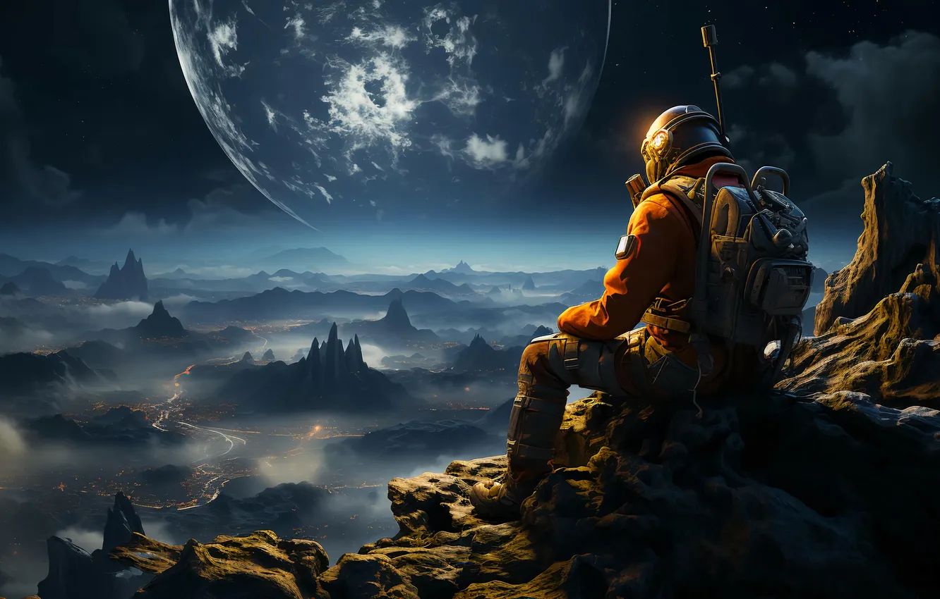 Photo wallpaper the sky, space, clouds, mountains, night, fog, stones, fiction