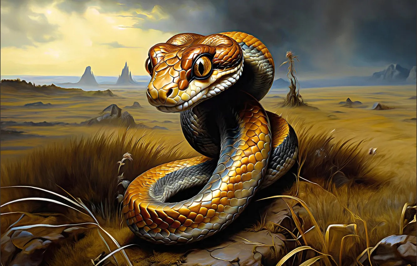 Photo wallpaper field, the sky, grass, look, nature, pose, stones, rocks