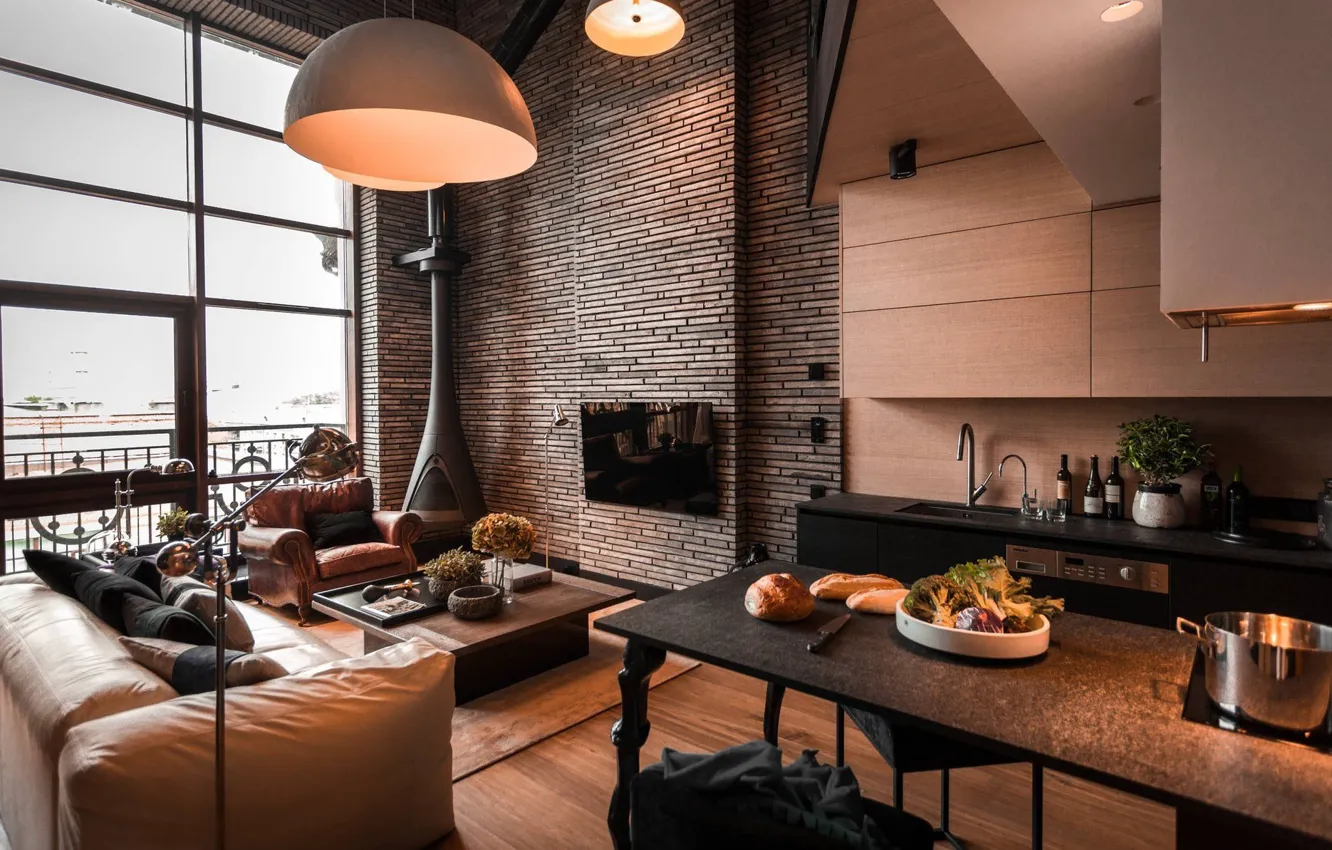 Photo wallpaper interior, kitchen, fireplace, living room, New York, Manhattan Loft