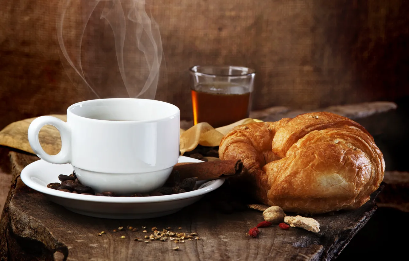 Photo wallpaper coffee, coffee beans, croissant