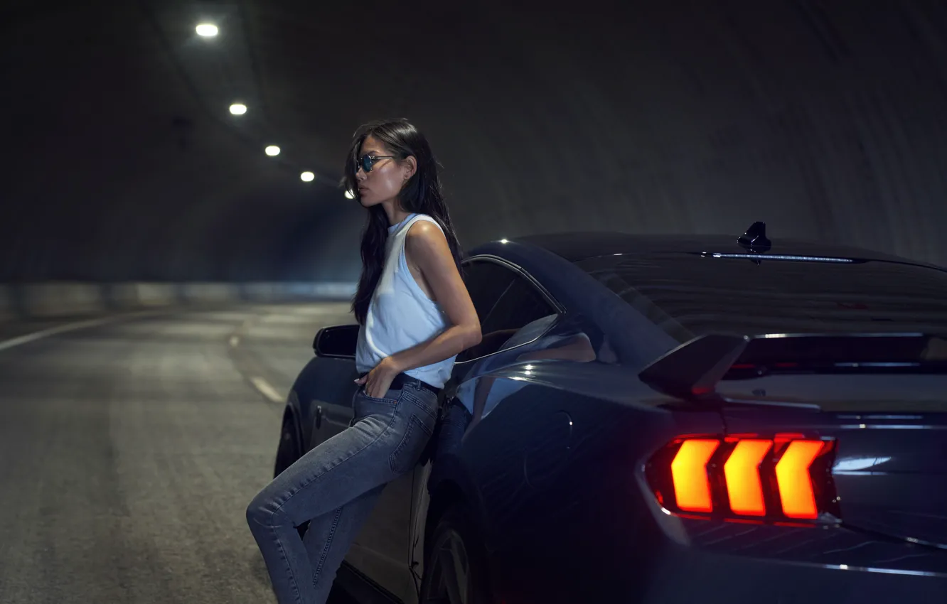 Photo wallpaper Ford, Girl, Road, The tunnel, Ford, Pony Car, 2022, Ford Mustang Dark Horse