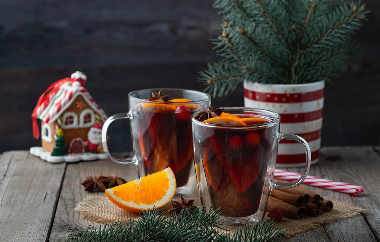 Photo wallpaper orange, mug, toy, bouquet, mulled wine, drink, tube, Board